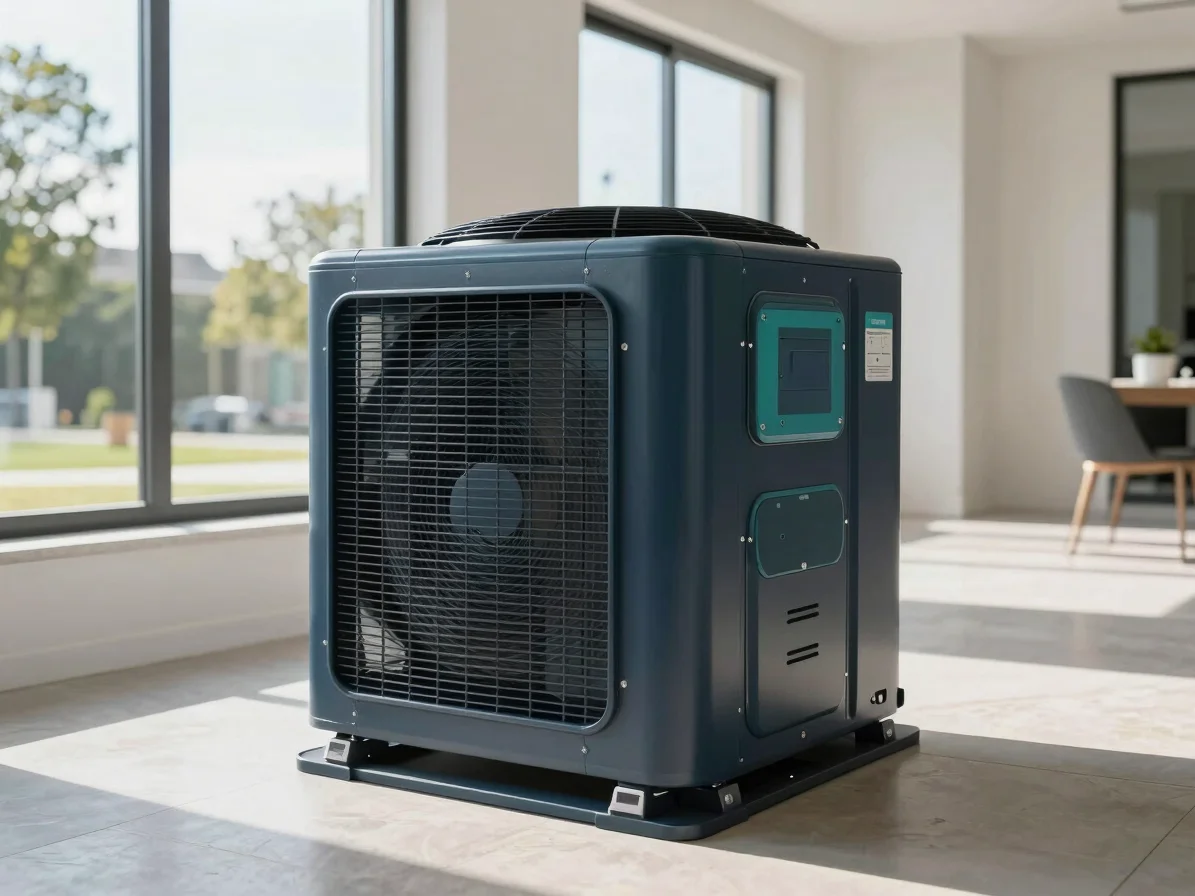 High-efficiency HVAC unit in a modern US suburban home, clean dar