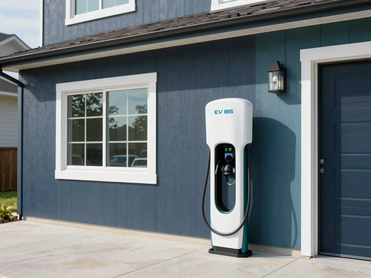 EV charger in a modern US suburban garage, clean dark navy and te