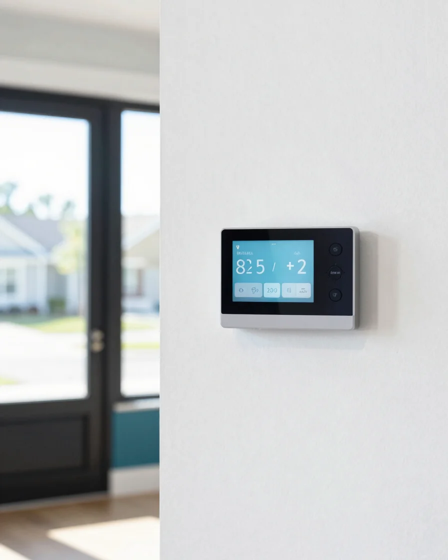 Bright, sunlit modern US suburban interior with a smart thermostat mounted on crisp drywall, natural window daylight, cl