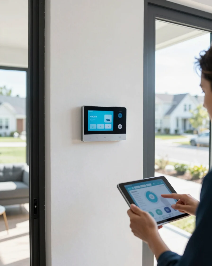 Bright, sunlit modern US suburban living room, a smart thermostat mounted on crisp drywall in the background, a homeowne